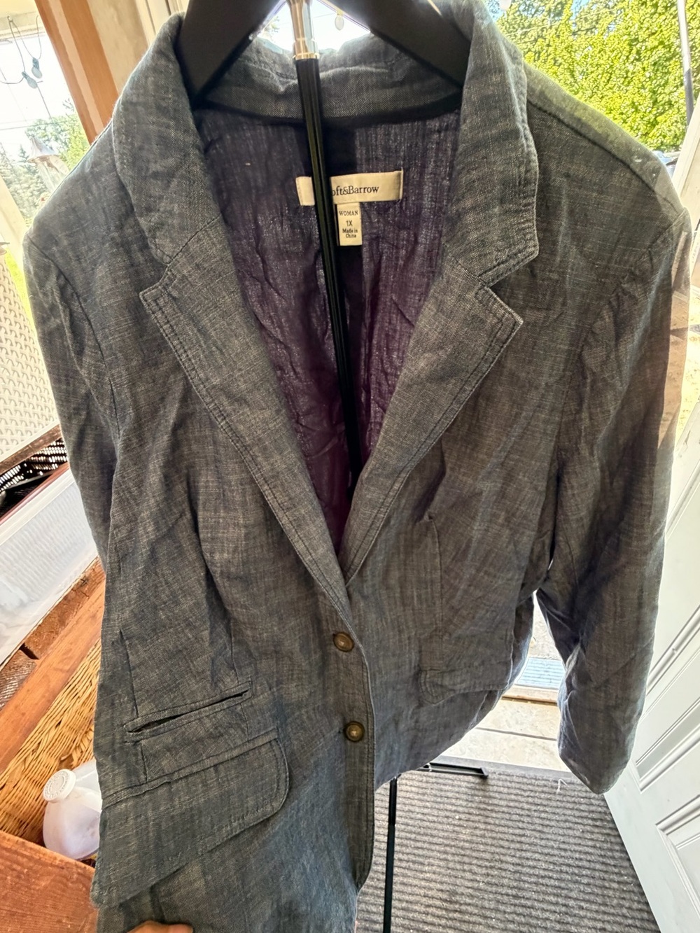 croft & barrow Women's Lightweight Linen-Blend Jacket in Blue with Purple Lining